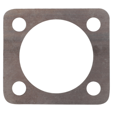A square metal flange with a circular center hole and four small holes at each corner, compatible with the Massey Ferguson Shim Final Drive - F334310020400 by AGCO.