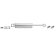 A Massey Ferguson - Shock Absorber - F312500030100 by AGCO, featuring a silver cylindrical body with an extended rod and mounting holes at each end. It is compatible with Massey Ferguson tractor Series 5400, 6400, and 7400, and comes with small metal clips and fittings.
