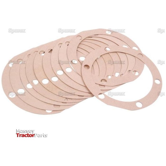 A stack of circular Side Plate Gaskets made from cellulosic fibre board, featuring multiple holes, laid out in a slightly fanned pattern. The Sparex logo is visible in the bottom left corner.