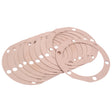 A stack of thin, round, beige Side Plate Gaskets (Sparex Part No.S.3352) made from cellulosic fibre board with multiple holes, laid out partially overlapping.