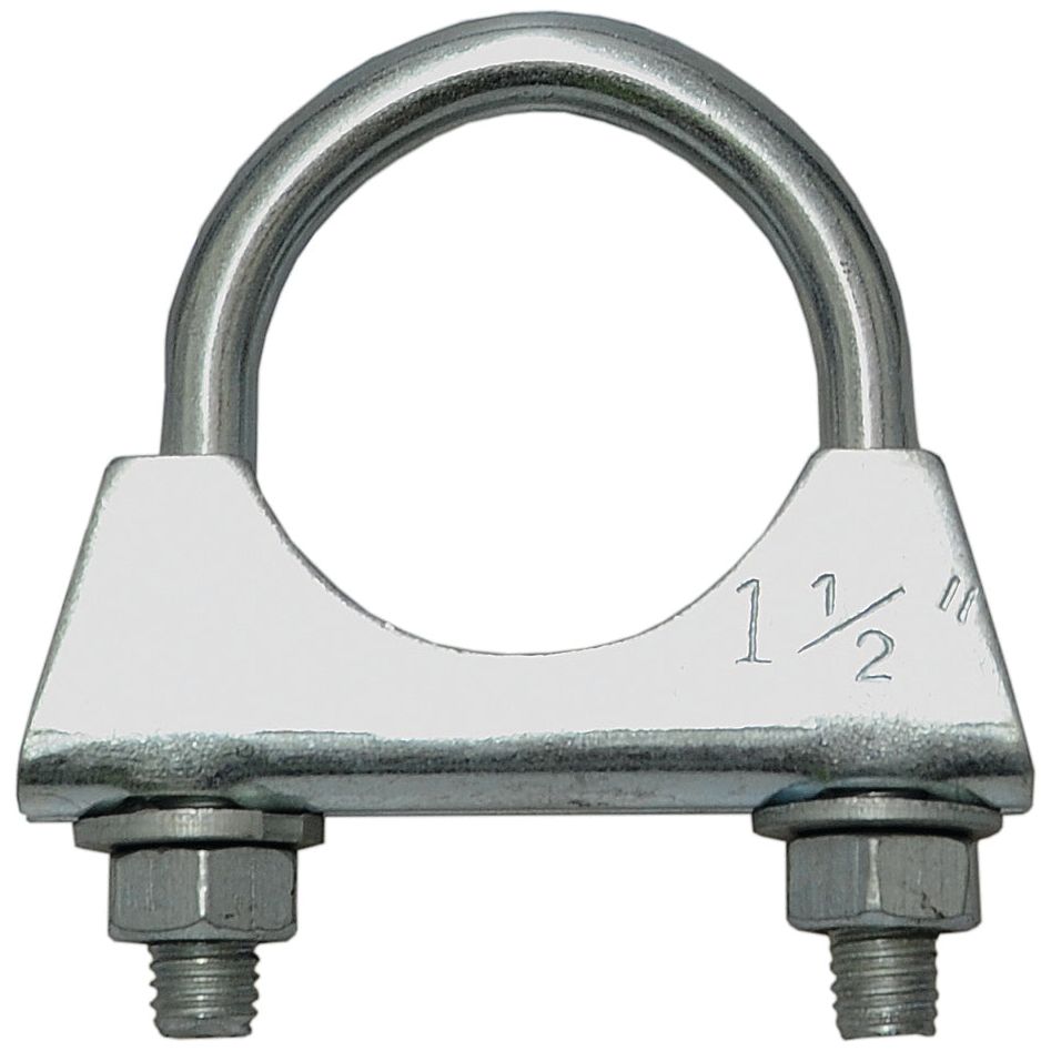 A Sparex silencer clamp with Ø: 38mm, featuring a metal U-bolt with threaded ends, secured by two hex nuts and a rectangular clamp marked "1 1/2" on one side – ideal as Part No. S.55262 (1 pc. Agripak).