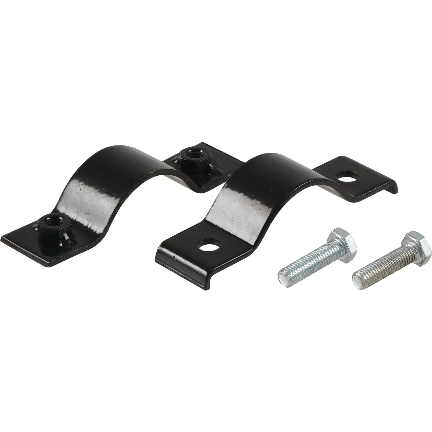 Two black metal mounting brackets with holes, accompanied by two screws and nuts, ideal for a Sparex Silencer Clamp - Ø: 50mm (Sparex Part No. S.62420).