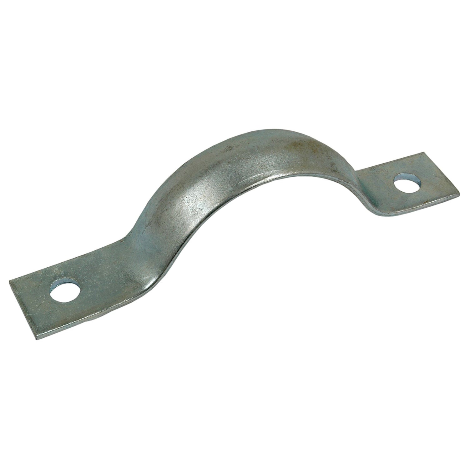 The Sparex Silencer Clamp (Ø: 67mm, Part No. S.60560) is designed as a metal U-shaped pipe strap with two flat ends, each featuring a hole for mounting, making it ideal for securing pipes or cables to surfaces effortlessly.