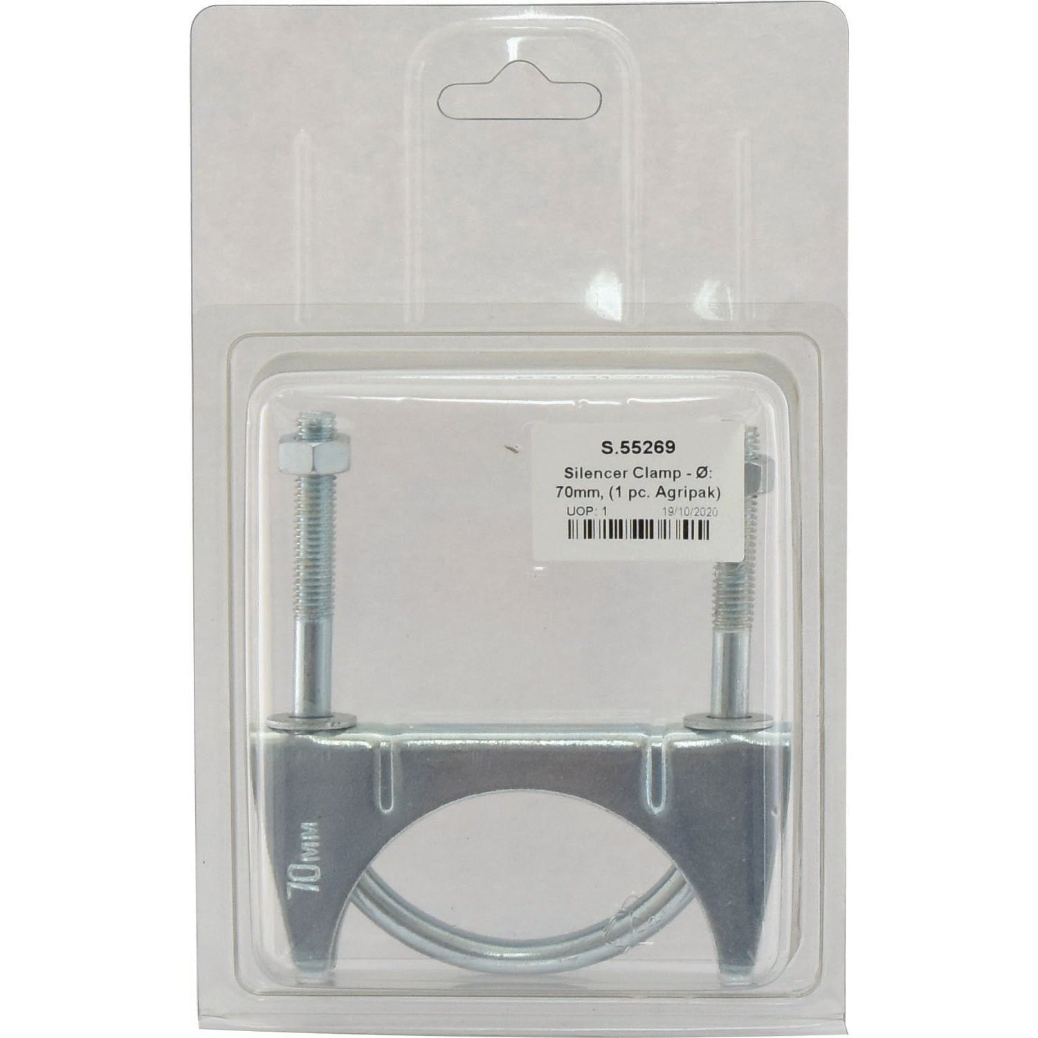 Silencer clamp in a transparent plastic package, labeled "Silencer Clamp - Ø: 70mm (1 pc. Agripak) | Sparex Part No. S.55269." Ideal for agricultural machinery like Massey Ferguson, the clamp is secured with two bolts and features the trusted Sparex brand name.