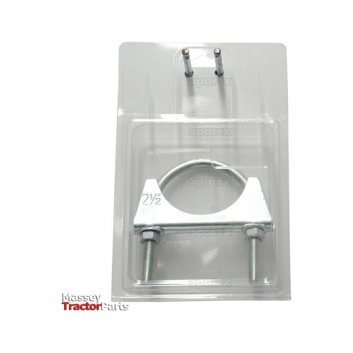 The Silencer Clamp - Ø: 63mm (1 pc. Agripak), known by its Sparex Part No. S.54412, is neatly packaged and labeled with "Sparex." Inside, you'll find a circular clamp with two bolts, accompanied by an instruction sheet visible behind the plastic cover.