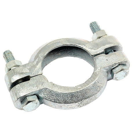 Silencer Clamp by Sparex, diameter 43-60mm (Sparex Part No. S.60654), featuring two attached bolts and nuts, designed for securing pipes or tubes in Ford New Holland and Massey Ferguson applications.