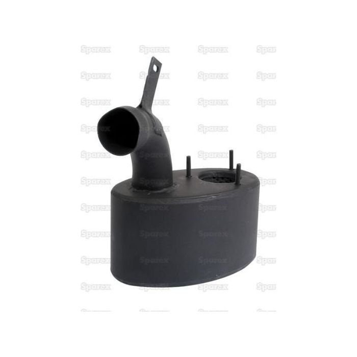 The Sparex Silencer - Underhood - S.20107 is a black, cylindrical industrial component with a protruding curved pipe on top, specifically designed for machinery or vehicular exhaust systems. It features a sleek black finish and is ideal as an underhood silencer for models like the Massey Ferguson 3065.