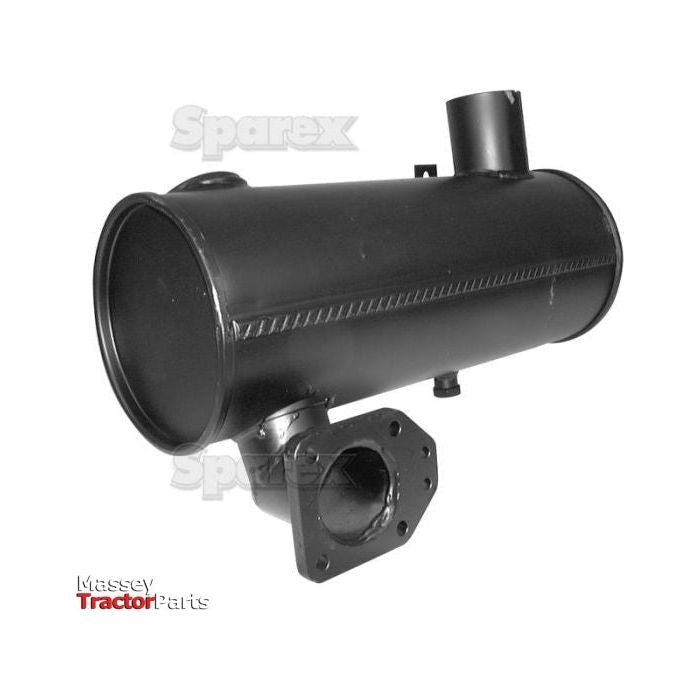 A black silencer, model S.42656, for a tractor is shown against a white background. The object has a cylindrical shape with an attached mounting flange and features heat-resistant paint. Branding reads "Massey Tractor Parts" and "Sparex." It includes a 63mm fitting for effortless installation under the hood.