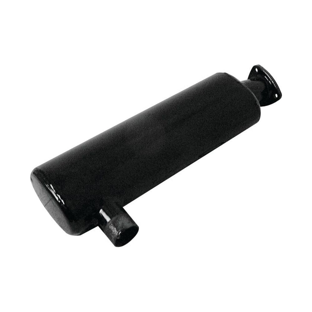 The Sparex Silencer - Underhood - S.57049 is a black cylindrical automotive muffler, coated in Black Heat Resistant Paint, featuring an inlet pipe and an outlet pipe.
