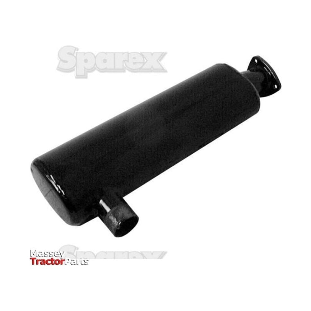 A black cylindrical exhaust silencer, model S.57049 by Sparex and coated with heat-resistant paint, is displayed against a white background, featuring the logos of "Sparex" and "Massey Tractor Parts.