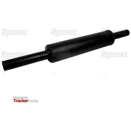 A black cylindrical tractor part with the Massey Tractor Parts and Sparex logos in the background, featuring the Sparex Silencer - Vertical - S.14517 coated in heat-resistant paint.