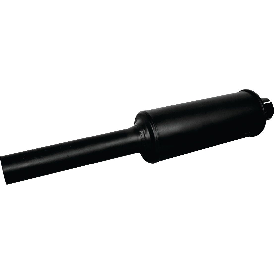 The Silencer - Vertical - S.4412 by Sparex is a black, cylindrical automotive muffler coated in black heat-resistant paint with an inlet pipe and an outlet pipe, designed to reduce engine exhaust noise.