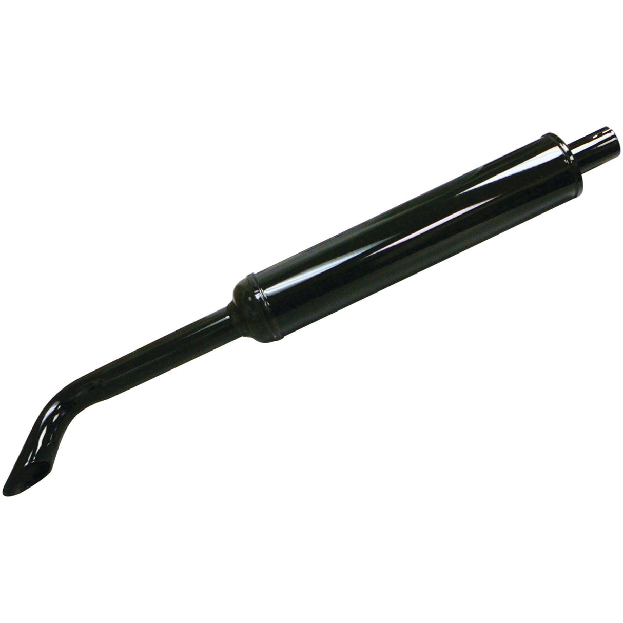 A black, cylindrical automotive exhaust pipe with a curved end, featuring the Silencer - Vertical (S.71899) from Sparex for quieter operation, and coated in Sparex heat-resistant paint for enhanced durability.