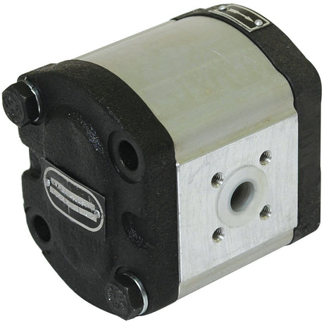 Close-up image of a Sparex Single Hydraulic Pump - S.344814 with a square body, black end caps, and visible mounting holes.