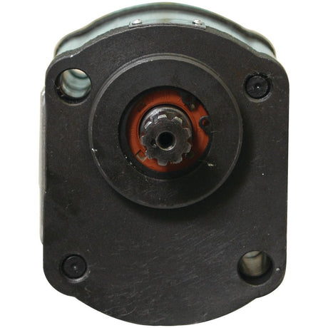 Close-up of a black Sparex Single Hydraulic Pump - S.344814 with visible gears and screws. The pump housing is predominantly black with some metallic and red components visible, showcasing its high-quality design.