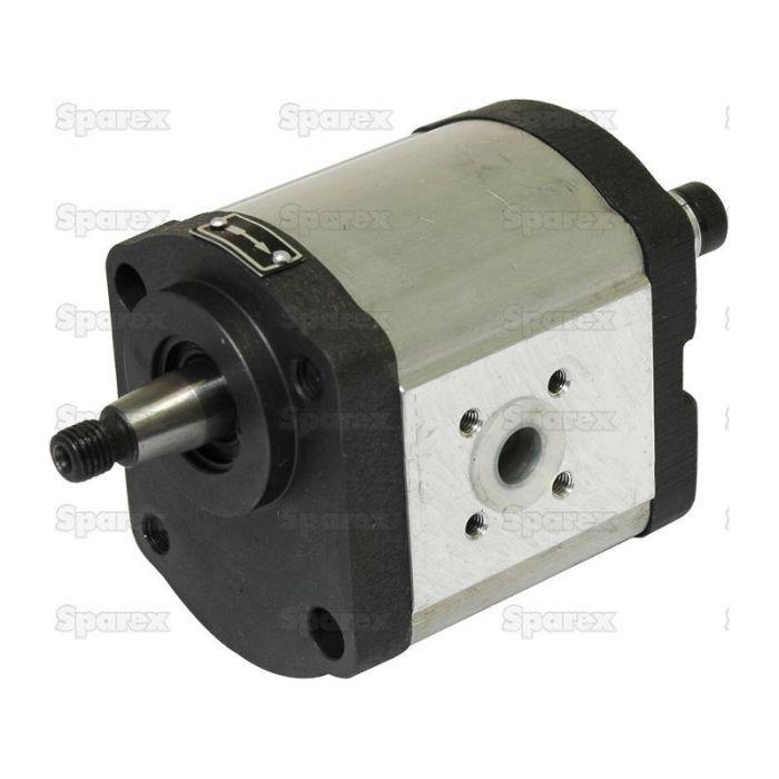 The Single Hydraulic Pump - S.344827 by Sparex is a hydraulic gear pump featuring a metallic cylindrical body, black end caps, and a protruding shaft on one end, with Bosch engineering.