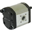 Close-up image of a Sparex Single Hydraulic Pump - S.344827 featuring a metal casing and multiple connection ports.