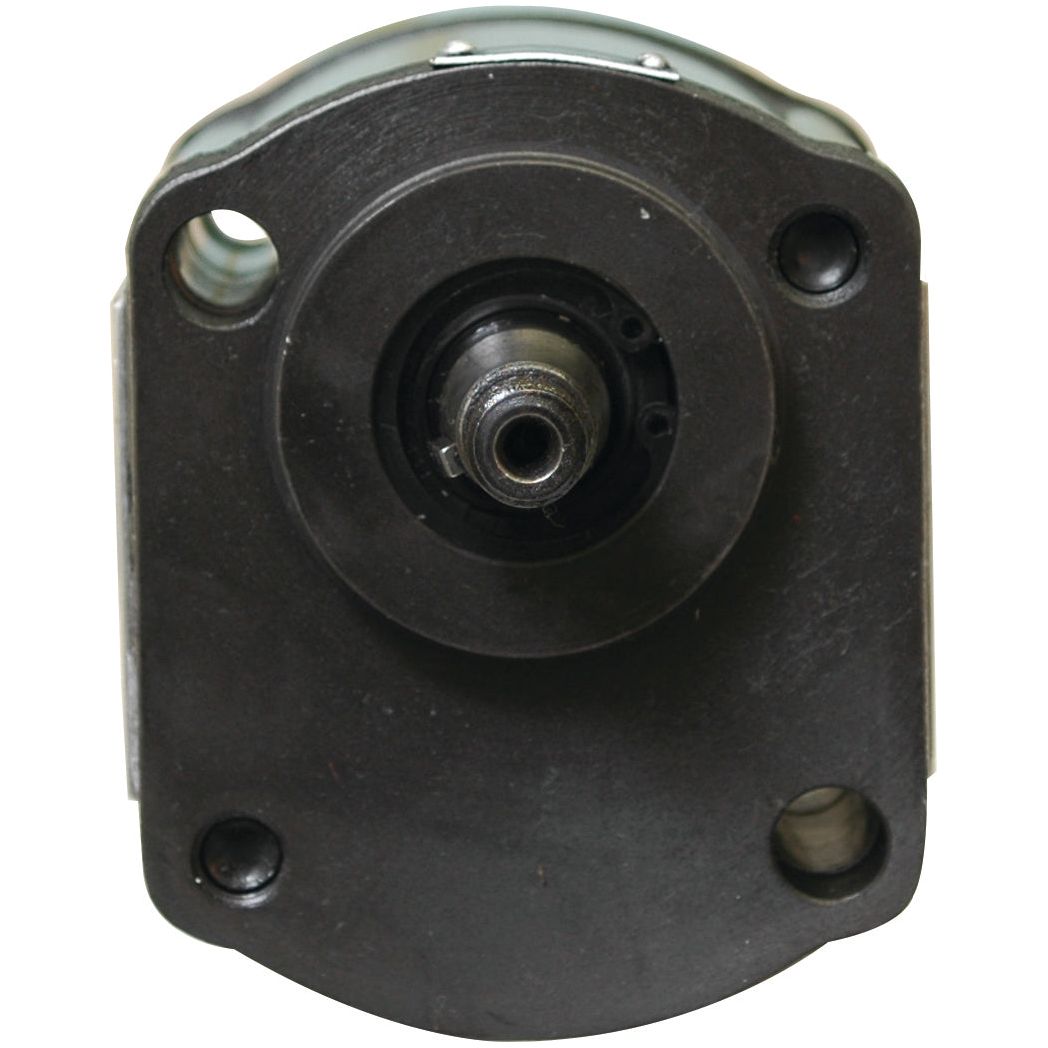 Close-up view of the Single Hydraulic Pump - S.344827 by Sparex, showcasing a circular central shaft and a rectangular mounting plate with four screw holes, one at each corner.