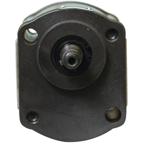 Close-up view of the Single Hydraulic Pump - S.344827 by Sparex, showcasing a circular central shaft and a rectangular mounting plate with four screw holes, one at each corner.
