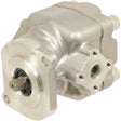 The Single Hydraulic Pump - S.71966 by Sparex features a robust, industrial design with a metallic build, cylindrical shaft, and multiple ports, making it ideal for hydraulic systems.