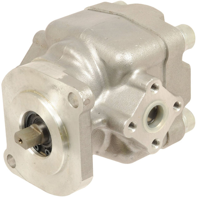 The Single Hydraulic Pump - S.71966 by Sparex features a robust, industrial design with a metallic build, cylindrical shaft, and multiple ports, making it ideal for hydraulic systems.