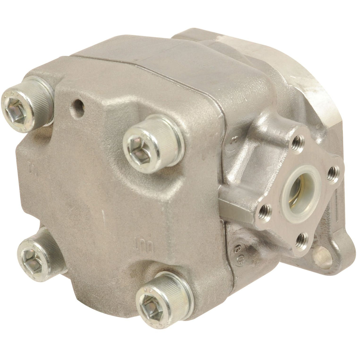 Close-up of a Sparex Single Hydraulic Pump - S.71966 featuring a metallic body with four visible bolts, a central opening, and a flanged side port.