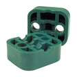 Two green rectangular Sparex Single Tube Clamps (Body only) - 8mm Ø (Ref. RAP 108) with multiple cutouts, designed for organizing and spacing single tubes or cables.