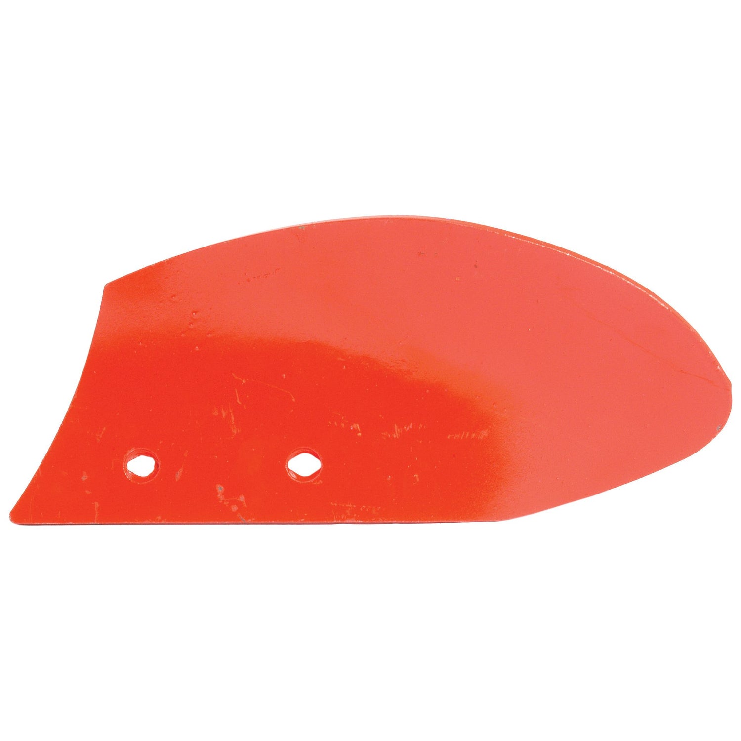 A red, curved metal blade piece with two drilled holes near the base, compatible with Sparex Fasteners NO. 28 BODY – the Skim Mouldboard - LH (Kverneland) | Sparex Part No.S.127617 from Sparex.
