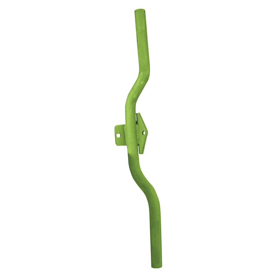Green, irregularly shaped metal bar with two center mounting holes, designed as a Sparex Skimmer Stalk - RH & LH (Dowdeswell) fitting, model 054000 (Sparex Part No. S.78447).