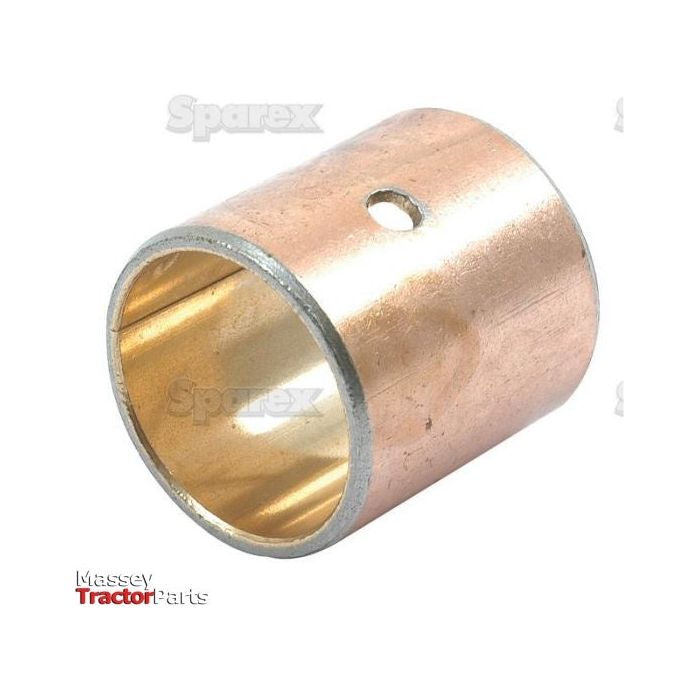A metallic cylindrical component, known as the Small End Bush with an ID of 22.12mm (Sparex Part No.S.42573), features a hollow interior and a small hole drilled through its side. The image displays "Sparex" watermarks and a "Massey Tractor Parts" logo, indicating its suitability for Landini and Massey Ferguson models.
