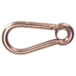 A detailed view of the Snap Hook, Hook Ø11mm x 120mm by Sparex (Sparex Part No.S.21609), featuring a stainless steel carabiner with a spring-loaded gate for rapid connection of components.