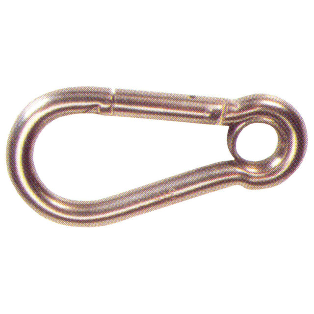 A detailed view of the Snap Hook, Hook Ø11mm x 120mm by Sparex (Sparex Part No.S.21609), featuring a stainless steel carabiner with a spring-loaded gate for rapid connection of components.