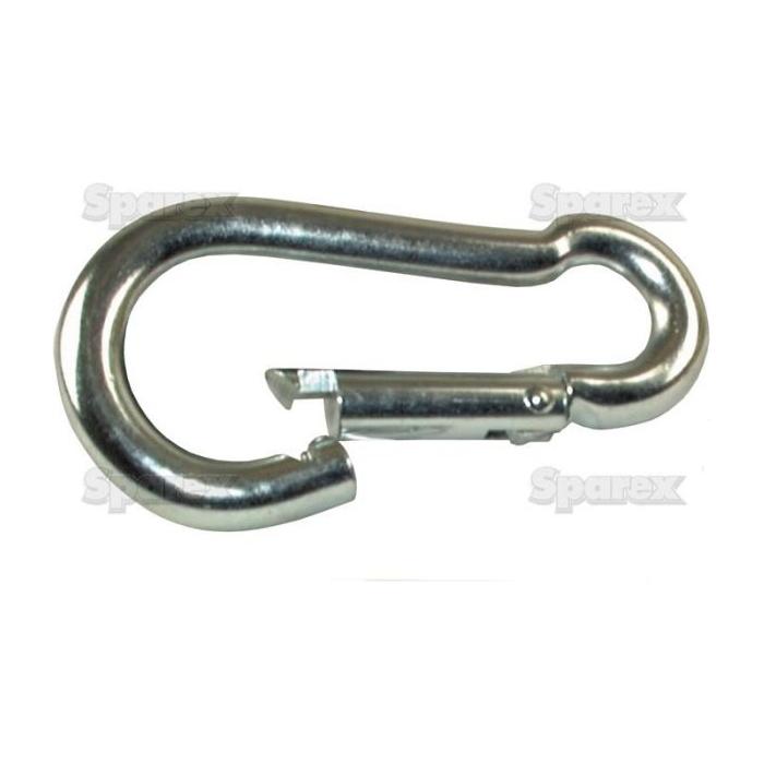 The Sparex Snap Hook (Sparex Part No. S.4442), featuring a silver open gate and measuring 100mm in length with a hook diameter of 10mm, is perfect for connecting components in climbing or other activities.