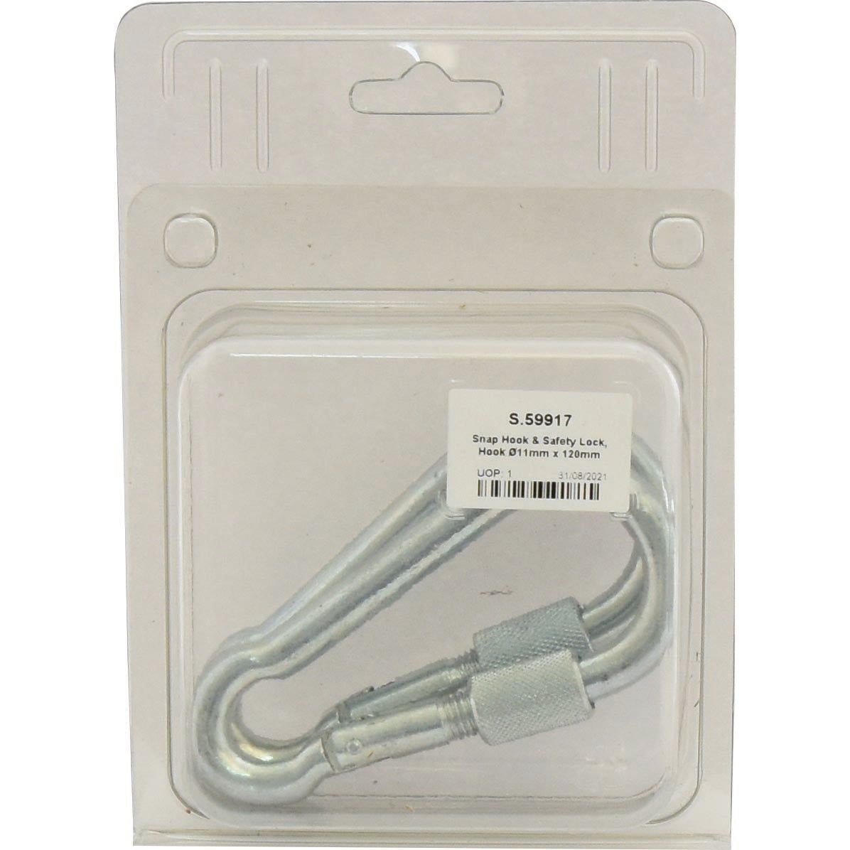 A Snap Hook & Safety Lock, branded by Sparex and labeled "Sparex Part No.S.59917," with dimensions 11mm x 120mm.