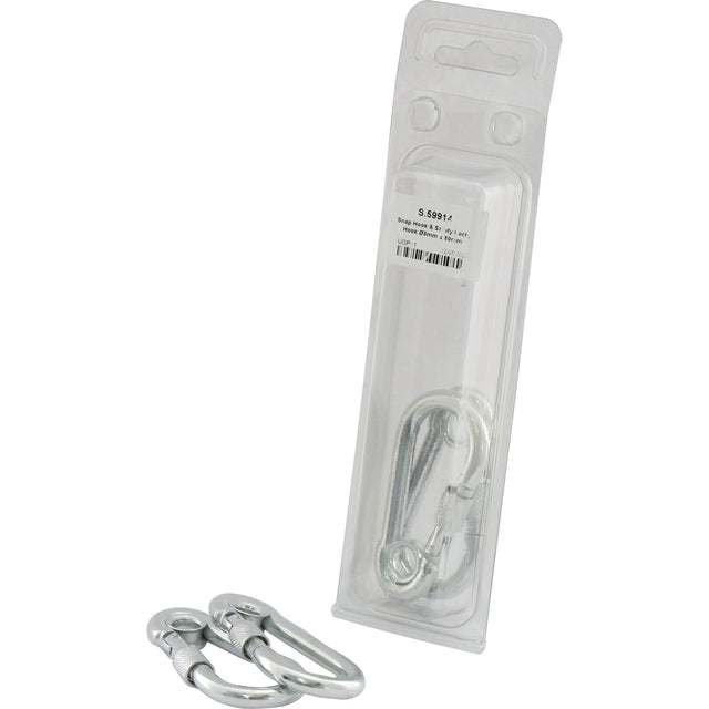 Two Snap Hook & Safety Lock carabiners (Hook Ø8mm x 80mm) branded by Sparex are positioned beside a clear plastic Agripak package that includes two extra snap hooks.