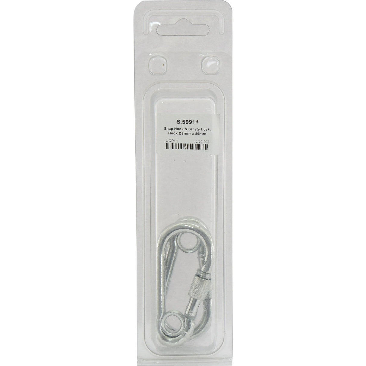 The packaging features a Sparex Snap Hook & Safety Lock, Hook Ø8mm x 80mm (Sparex Part No.S.59914), enclosed in a transparent plastic pouch.