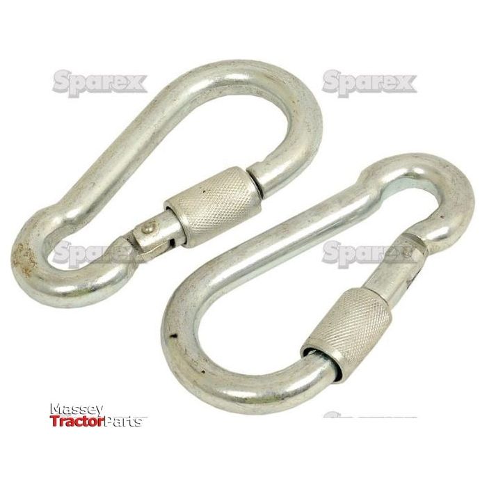 Two Snap Hook & Safety Lock carabiners, each measuring 10mm x 100mm, feature safety lock mechanisms. The logo "Sparex" is prominently visible in the background, and "Massey Tractor Parts" is noted in the corner, ensuring reliable connections.