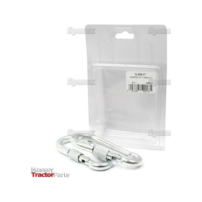 Two silver Snap Hooks with safety locks are placed in front of a clear plastic package. The label on the package reads "Sparex Part No. S.59917, Hook Ø11mm x 120mm." The background features "Sparex Massey Tractor Parts.