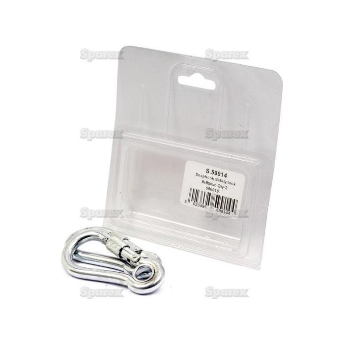 Image of the Sparex Snap Hook & Safety Lock, Hook Ø8mm x 80mm, Part No. S.59914, next to its clear plastic Agripak packaging.