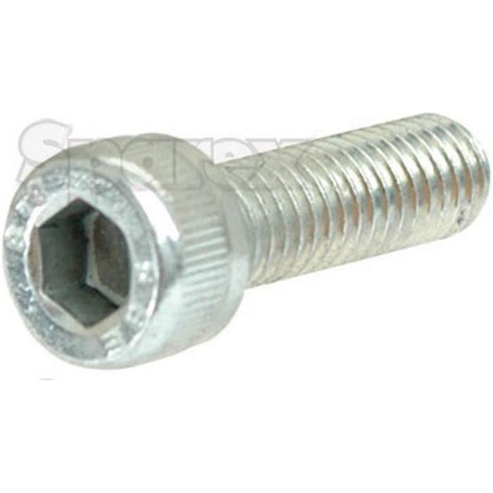 Close-up image of a Sparex Socket Capscrew, M10x90mm (DIN 912) | Sparex Part No.S.53905, featuring a hex socket head design in silver.