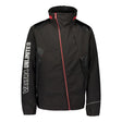 The Valtra - Softshell Unlimited Jacket (V4280620) by AGCO is a black waterproof jacket with red accents, featuring "VALTRA UNLIMITED" text on the left sleeve, a stand-up collar, and reflective sleeves for enhanced visibility.