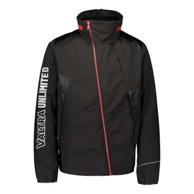 The Valtra - Softshell Unlimited Jacket (V4280620) by AGCO is a black waterproof jacket with red accents, featuring "VALTRA UNLIMITED" text on the left sleeve, a stand-up collar, and reflective sleeves for enhanced visibility.