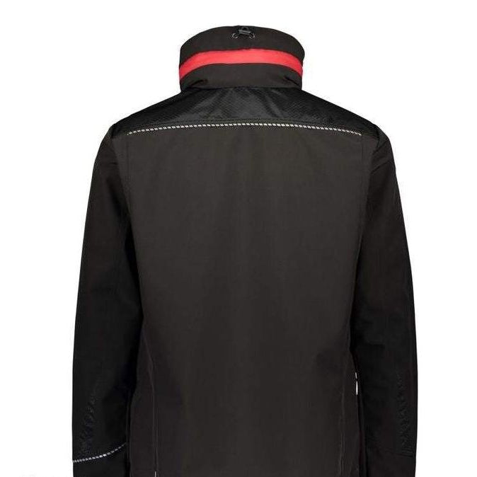 Rear view of the AGCO Valtra - Softshell Unlimited Jacket - V4280620, a black waterproof lightweight softshell jacket with red and gray accents, displayed against a white background. The lower left corner features a "Massey Tractor Parts" logo in reflective print.