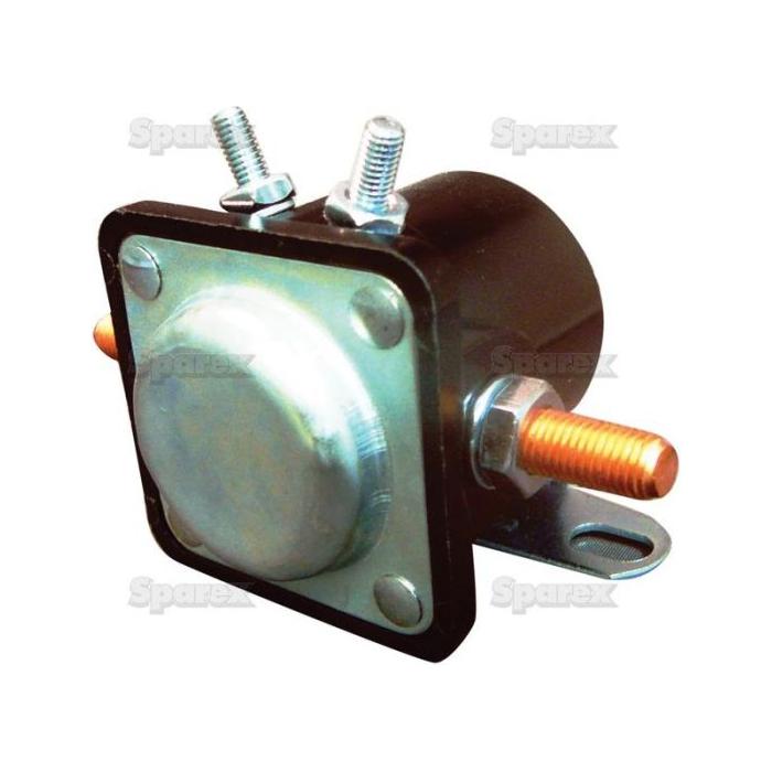 Close-up of a Sparex Solenoid (Sparex Part No. S.61057) with two terminals on top and one on the side, mounted on a black base with a mounting bracket, compatible with Ford New Holland.