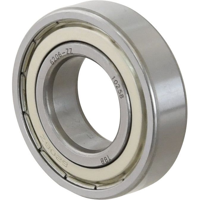 Close-up of a Sparex Deep Groove Ball Bearing (6206ZZ) - S.18072 with etched numbers and letters on its metallic surface, featuring a central hole and a smooth outer ring.