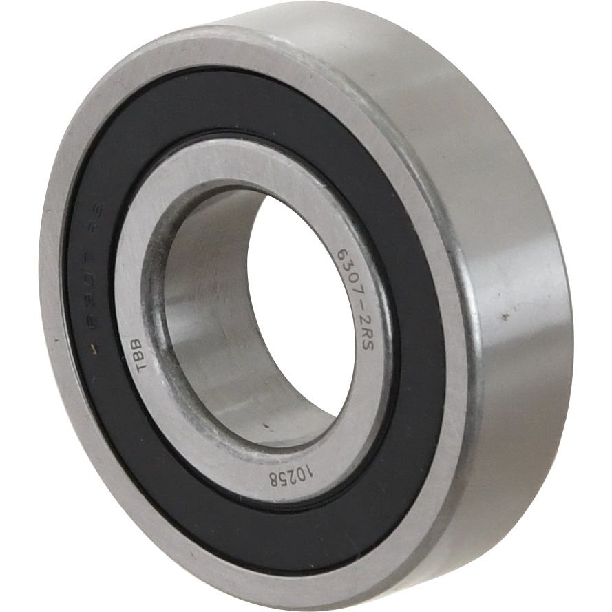 A close-up view of a metal bearing with an inner and outer ring, labeled "Sparex Deep Groove Ball Bearing (63072RS) - S.18137" and "TBB 10258," featuring a black seal.