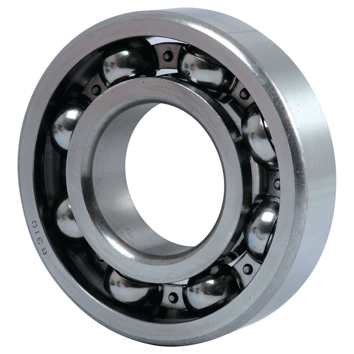 A close-up image of a metal ball bearing with eight visible balls set in an outer and inner ring, resembling the precision found in Sparex Deep Groove Ball Bearings (6310Open) - S.18110.