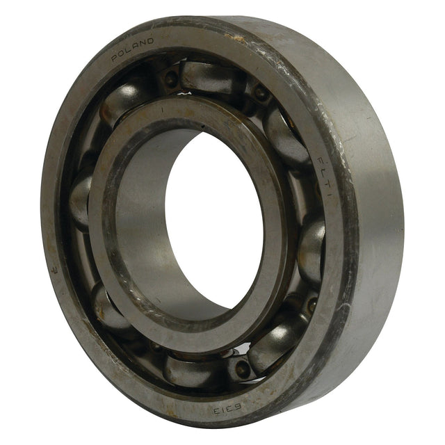A close-up view of the Sparex Deep Groove Ball Bearing (6313Open) - S.18113, showcasing its cylindrical metal structure with an outer ring, inner ring, and multiple spherical balls positioned between the rings. Some text is engraved on the outer ring of this high-quality Sparex bearing.