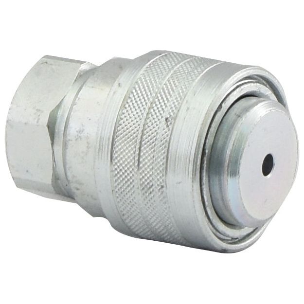 Close-up of a Sparex Hydraulic Trailer Brake Coupling Female (Sparex Part No.S.28314) with a textured grip ring and hexagonal fitting, showcasing its durable carbon steel construction.