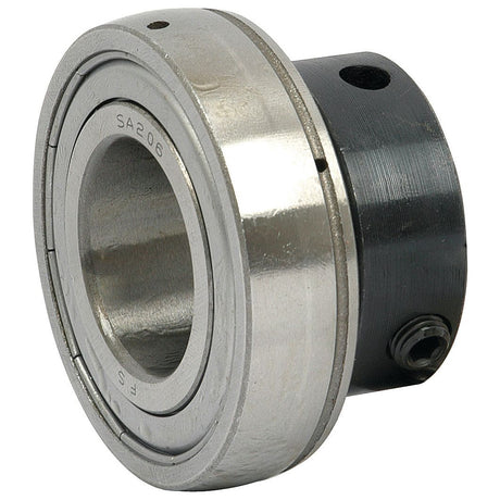 The Sparex Plummer Block Bearing Insert (ES206) - S.18175, branded by Sparex, features visible markings "SA206" and "PS" on its cylindrical metal surface. It includes a central hole, a black extension piece on one side, and an integrated locking collar to ensure secure installation and reliable performance.